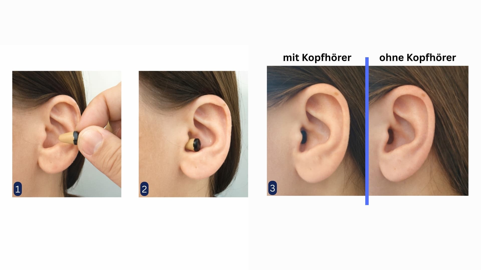 Mini-Kopfhörer einsetzen: einführen, Sitz im Ohr, Vergleich mit und ohne
