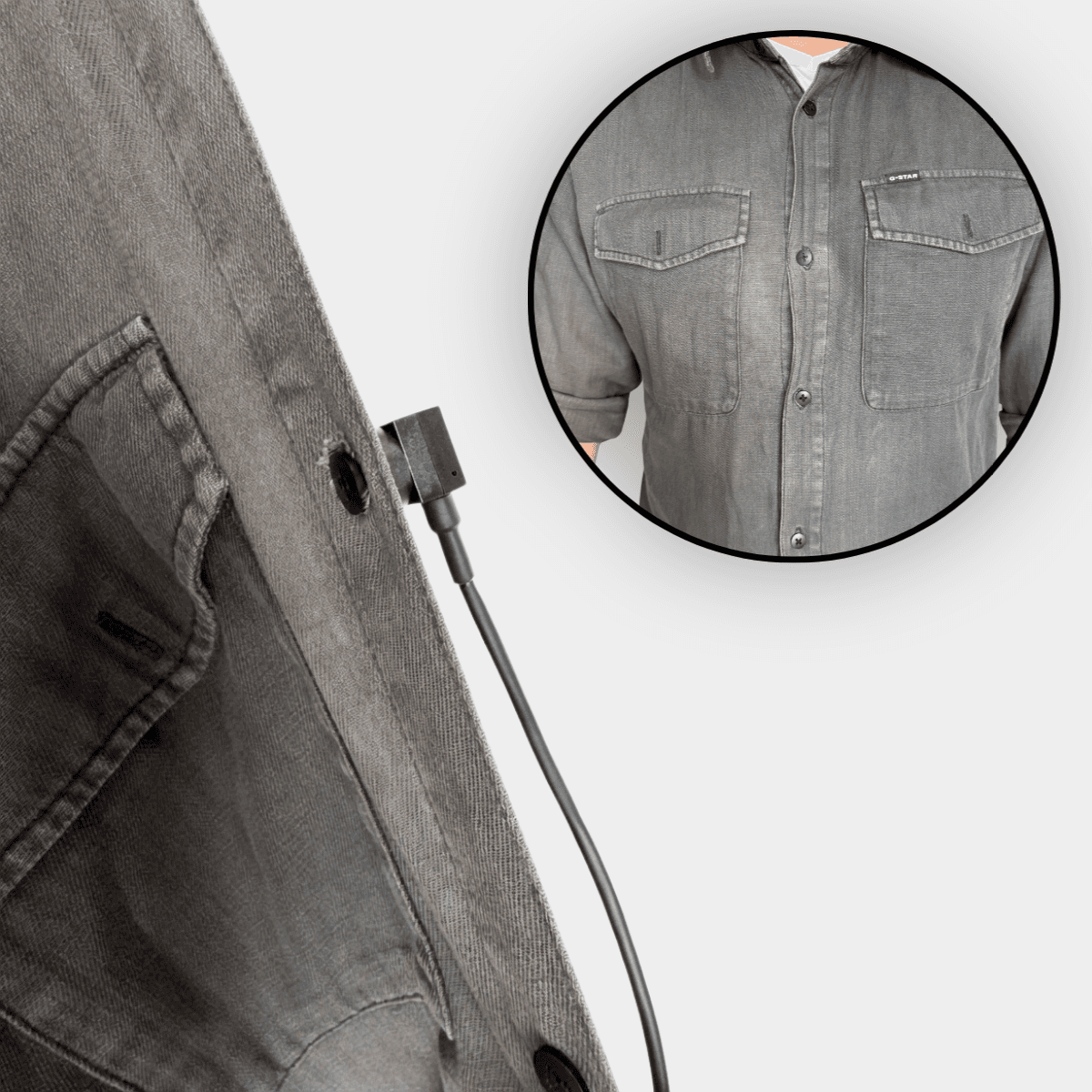 Knopfkamera in Jeansjacke — von außen als normaler Knopf sichtbar
