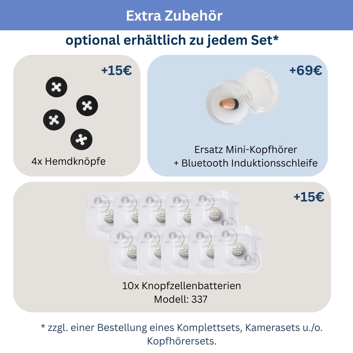 Extra Zubehör: 4x Hemdknöpfe +15€, Ersatz Mini-Kopfhörer + Induktionsschleife +69€, 10x Knopfzellenbatterien +15€