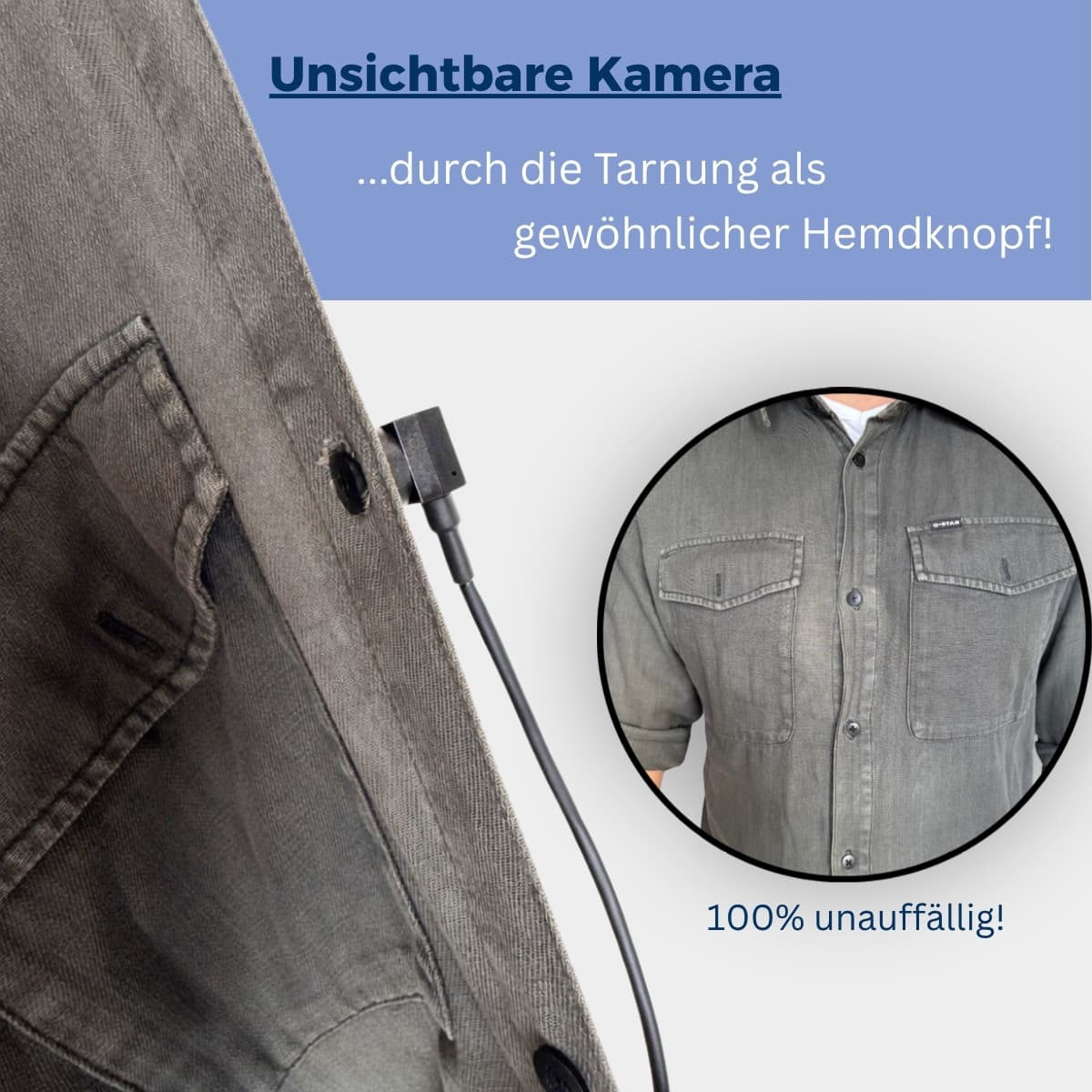 Knopfkamera als Hemdknopf getarnt — von außen nicht erkennbar