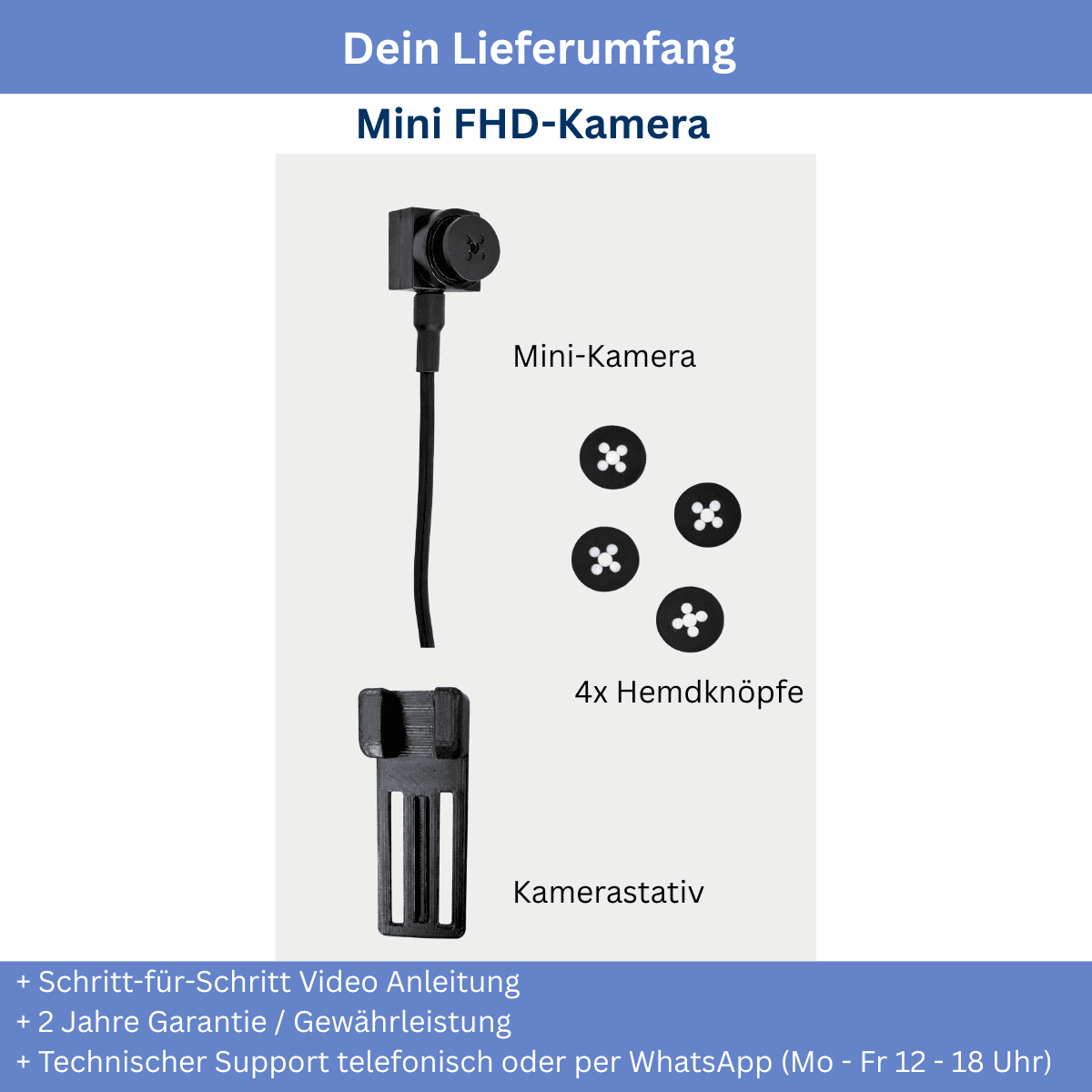 Lieferumfang Knopfkamera-Set: Mini FHD-Kamera, 4x Hemdknöpfe, Kamerastativ