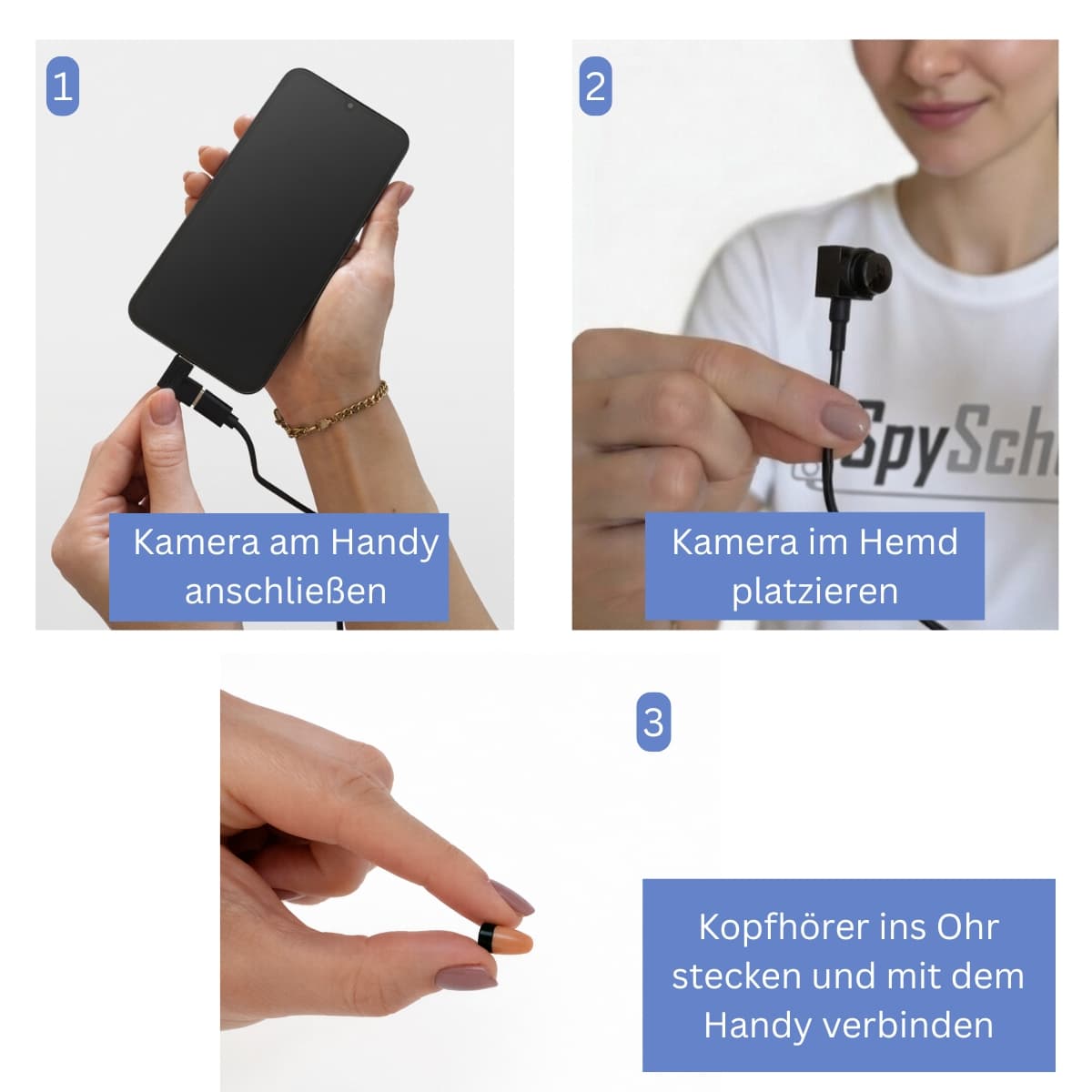 3-Schritte Setup: Kamera am Handy anschließen, im Hemd platzieren, Kopfhörer ins Ohr