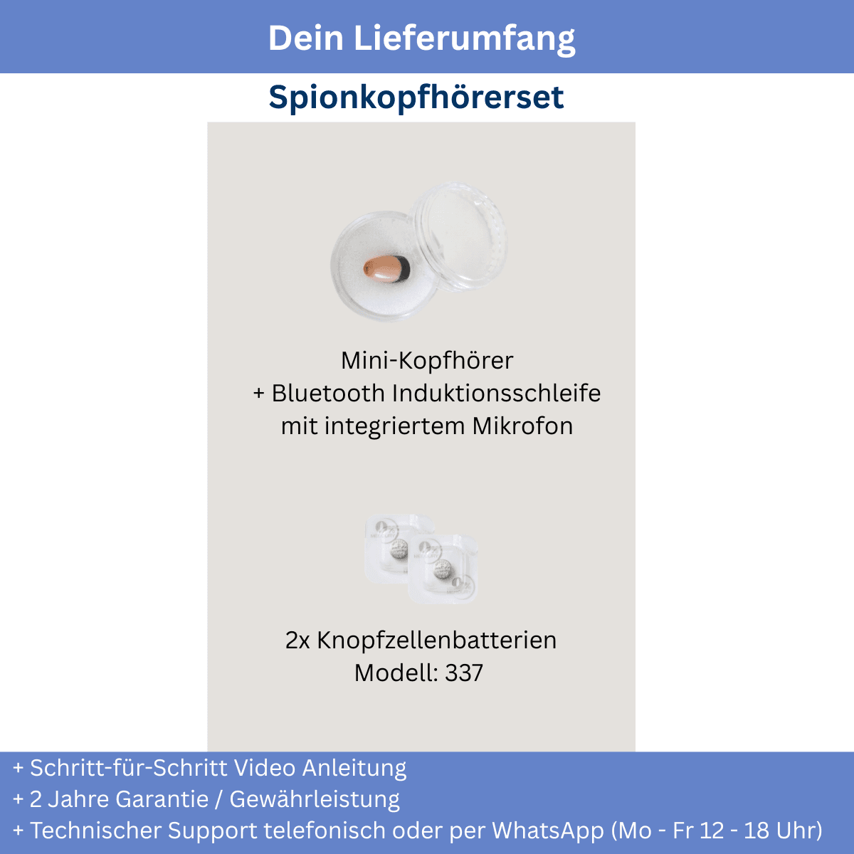 Lieferumfang Spionkopfhörerset: Mini-Kopfhörer, Induktionsschleife, Batterien
