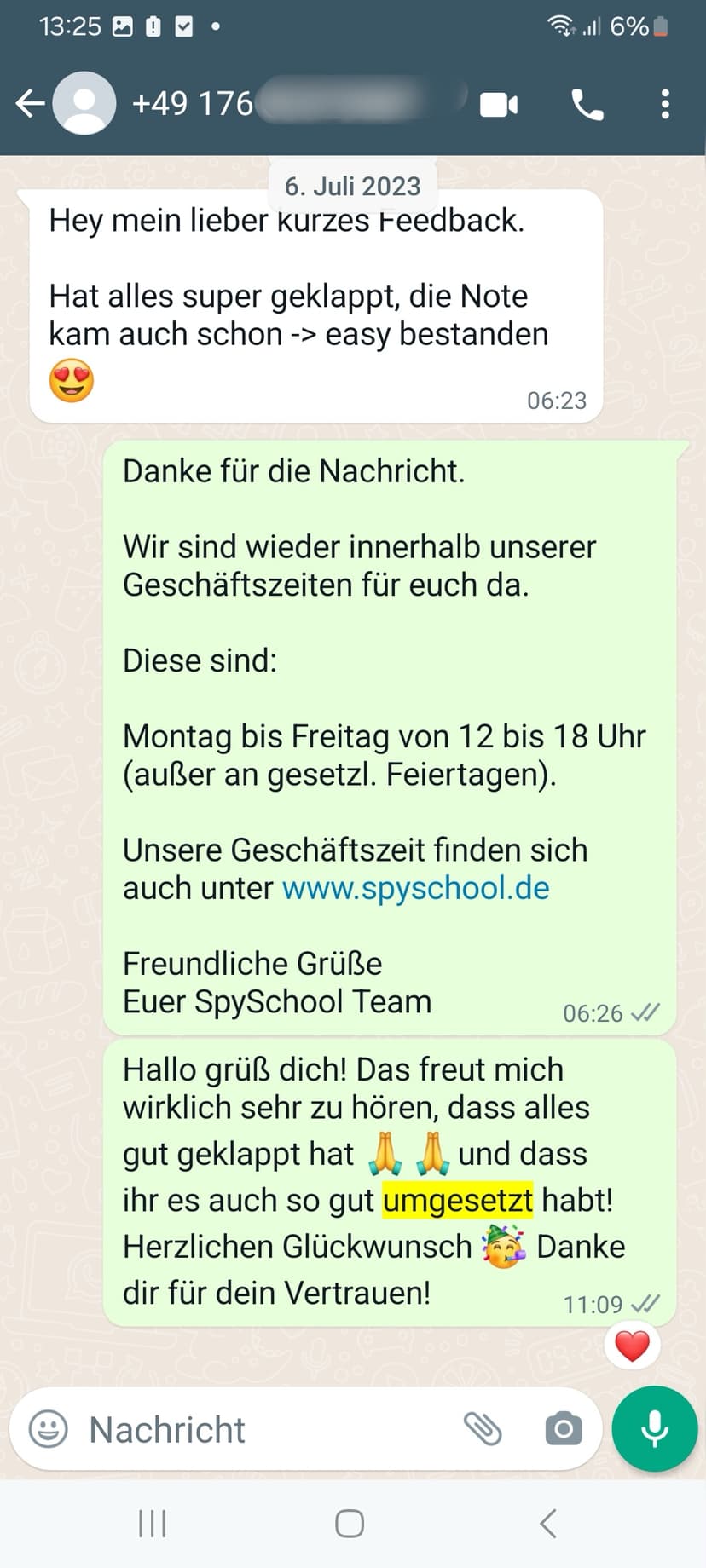 WhatsApp-Feedback Kundenstimme 2 — echte, unbearbeitete Nachricht