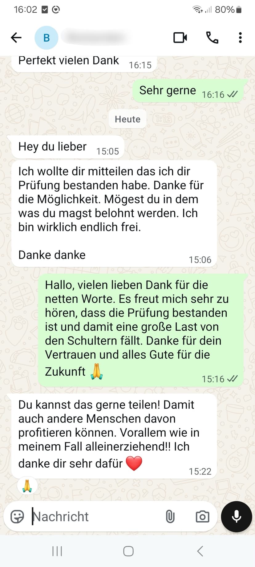 WhatsApp-Feedback Kundenstimme 5 — echte, unbearbeitete Nachricht