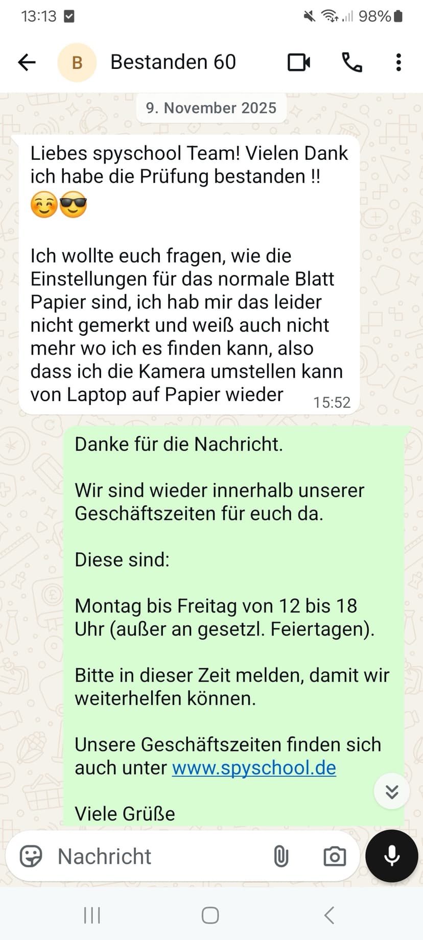 WhatsApp-Feedback Kundenstimme 6 — echte, unbearbeitete Nachricht