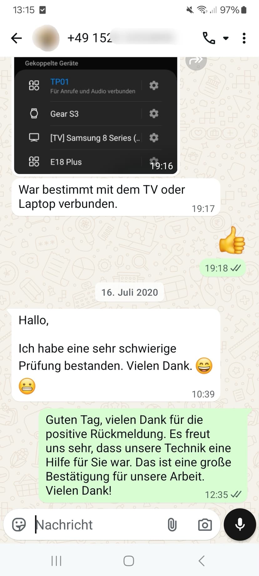 WhatsApp-Feedback Kundenstimme 8 — echte, unbearbeitete Nachricht