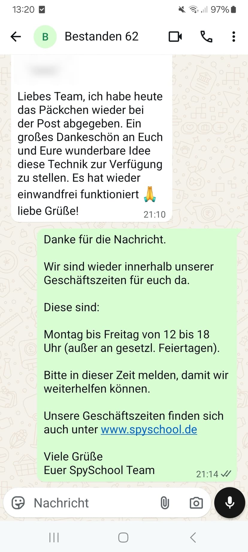 WhatsApp-Feedback Kundenstimme 9 — echte, unbearbeitete Nachricht