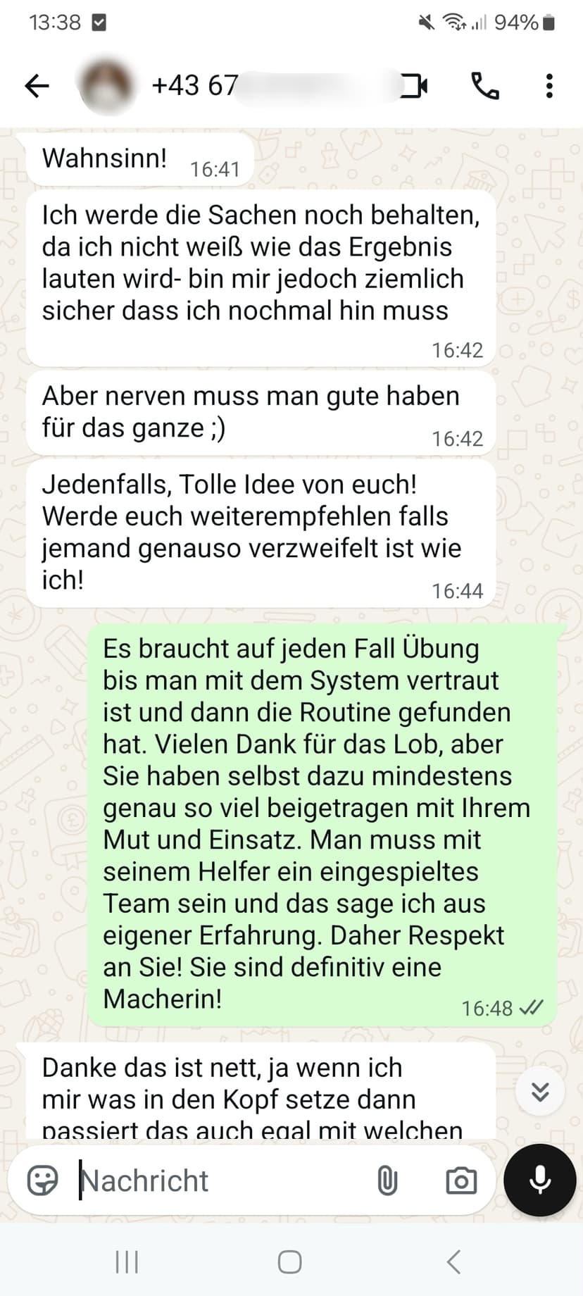 WhatsApp-Feedback Kundenstimme 12 — echte, unbearbeitete Nachricht