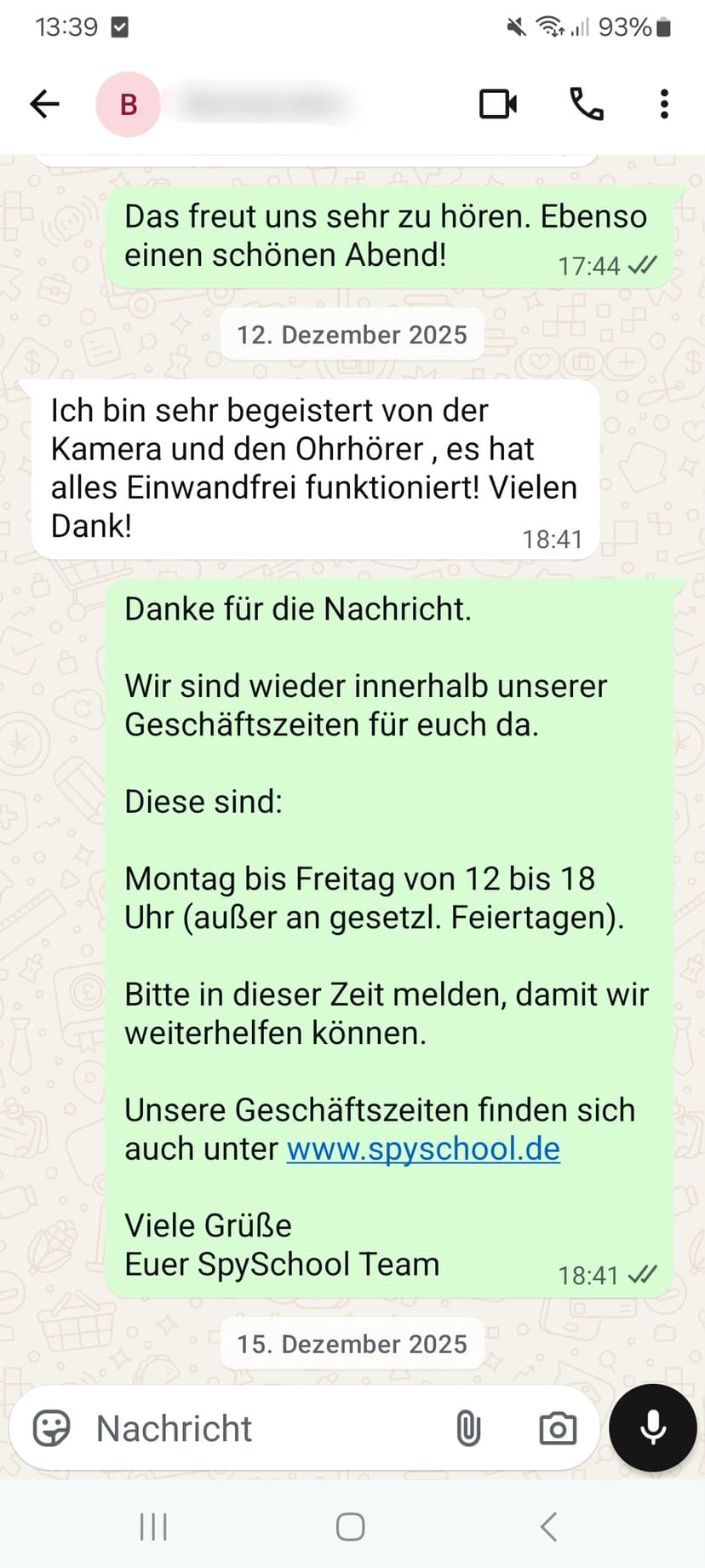 WhatsApp-Feedback Kundenstimme 13 — echte, unbearbeitete Nachricht