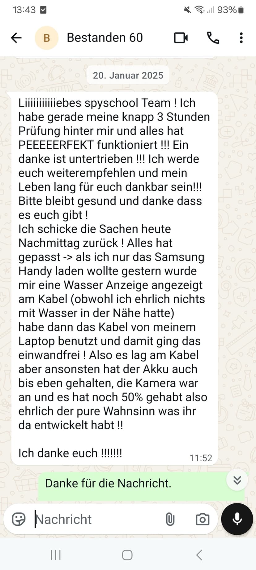 WhatsApp-Feedback Kundenstimme 18 — echte, unbearbeitete Nachricht
