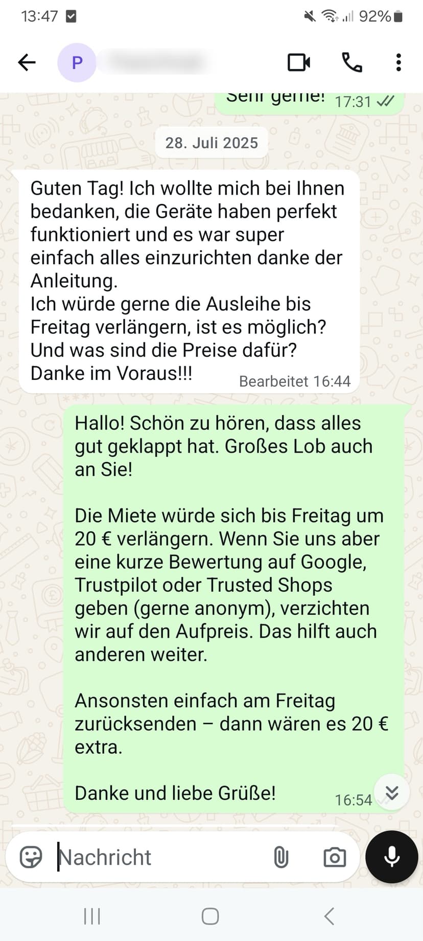 WhatsApp-Feedback Kundenstimme 19 — echte, unbearbeitete Nachricht