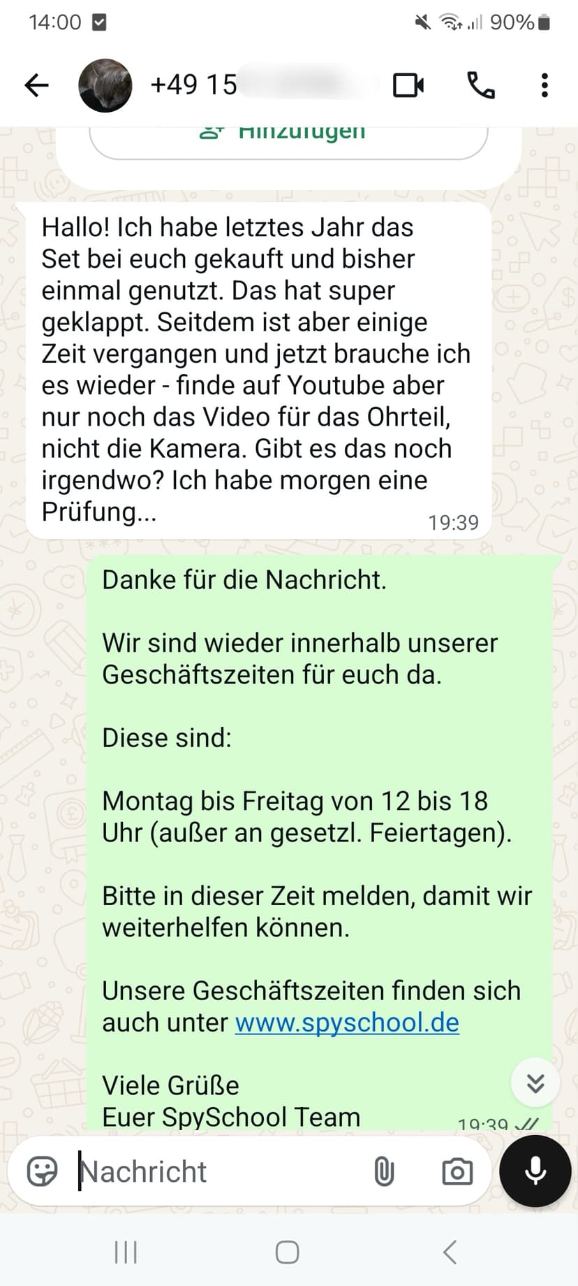 WhatsApp-Feedback Kundenstimme 20 — echte, unbearbeitete Nachricht