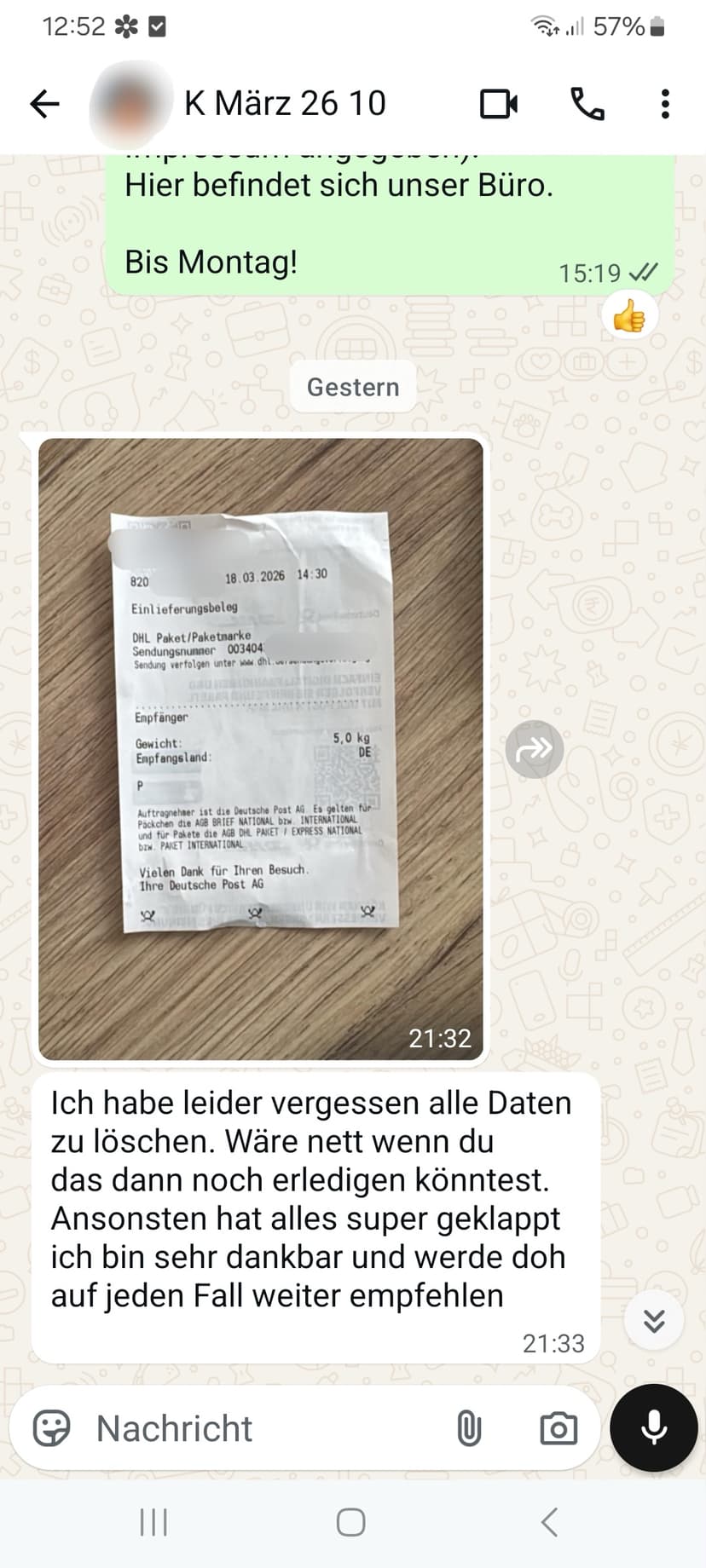 WhatsApp-Feedback Kundenstimme 26 — echte, unbearbeitete Nachricht