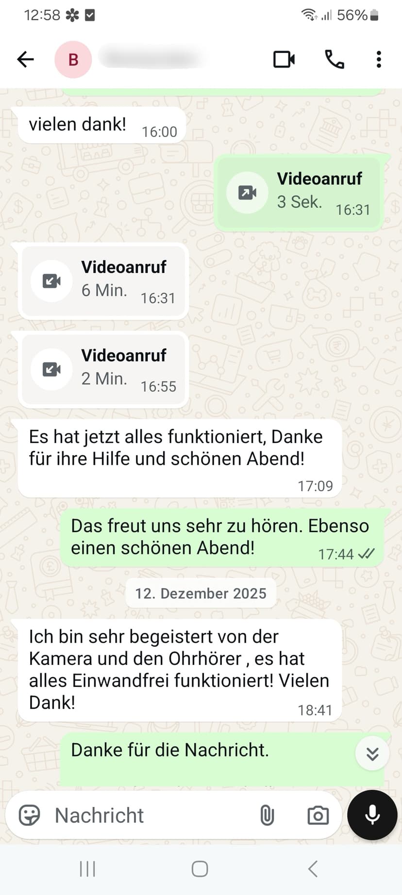 WhatsApp-Feedback Kundenstimme 30 — echte, unbearbeitete Nachricht