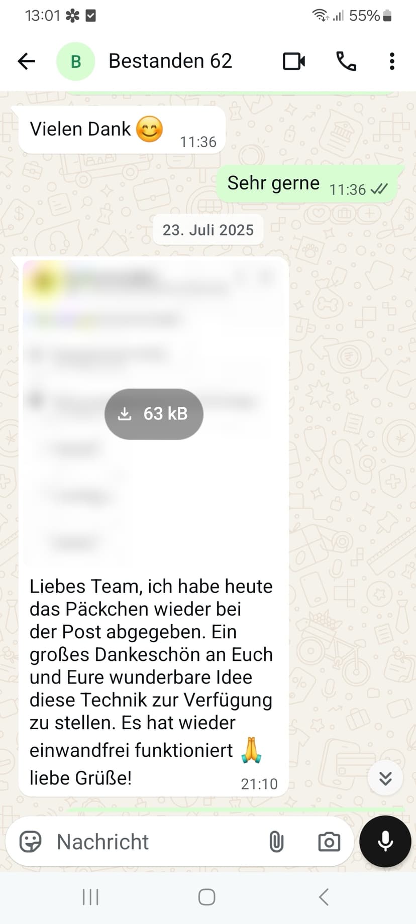 WhatsApp-Feedback Kundenstimme 34 — echte, unbearbeitete Nachricht