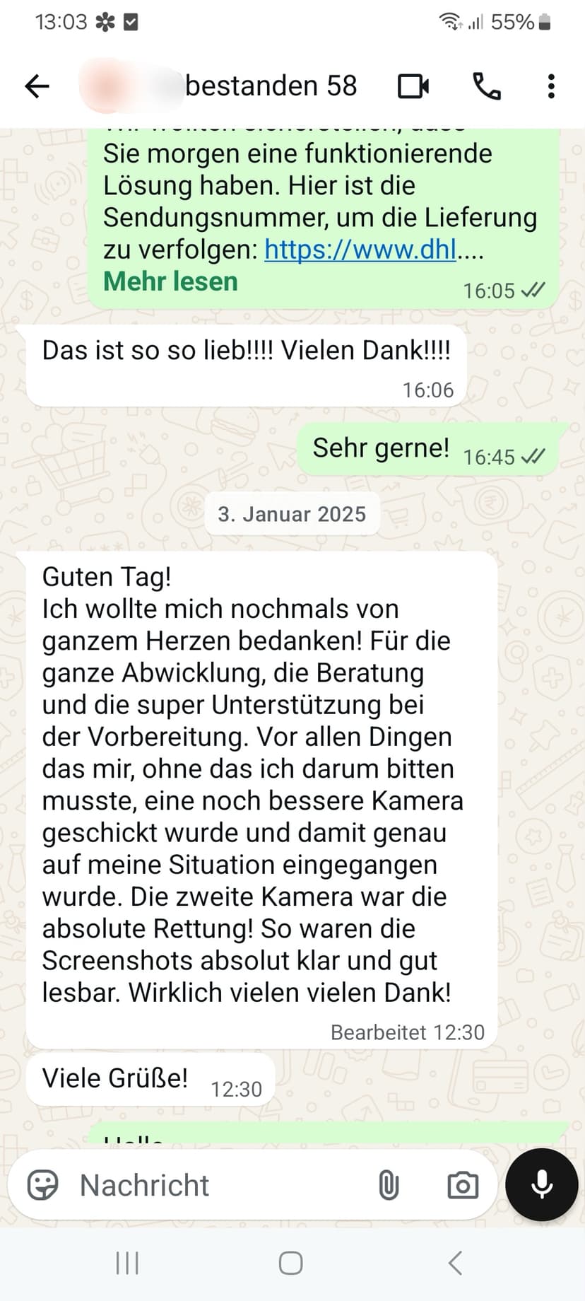 WhatsApp-Feedback Kundenstimme 36 — echte, unbearbeitete Nachricht
