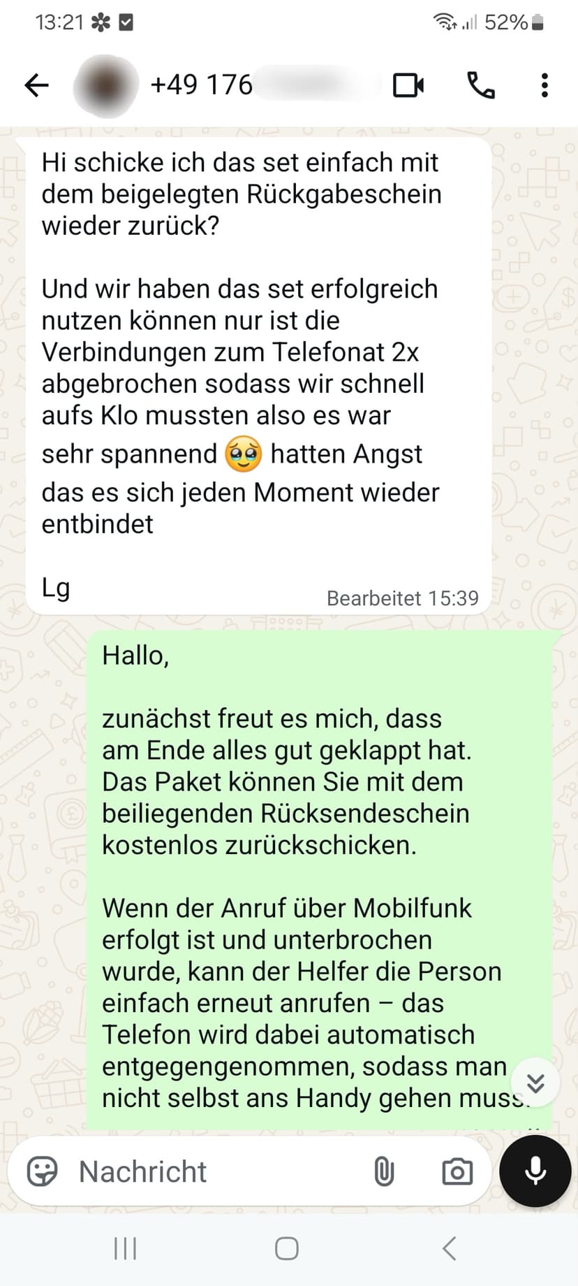 WhatsApp-Feedback Kundenstimme 42 — echte, unbearbeitete Nachricht