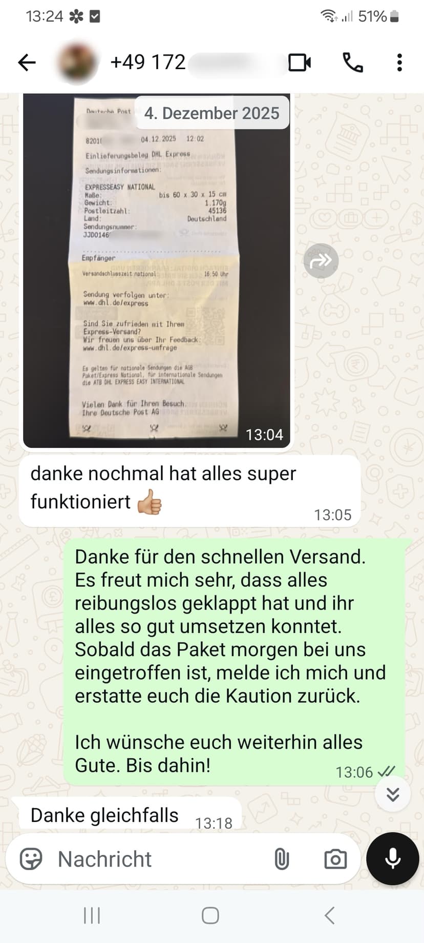 WhatsApp-Feedback Kundenstimme 46 — echte, unbearbeitete Nachricht