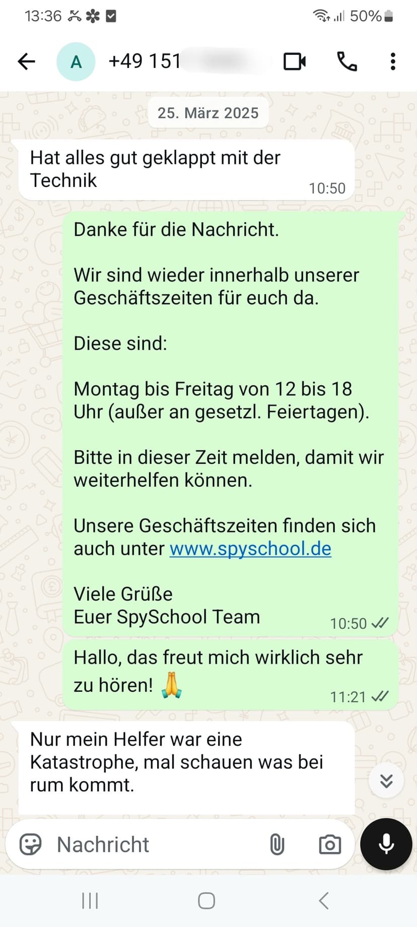 WhatsApp-Feedback Kundenstimme 49 — echte, unbearbeitete Nachricht