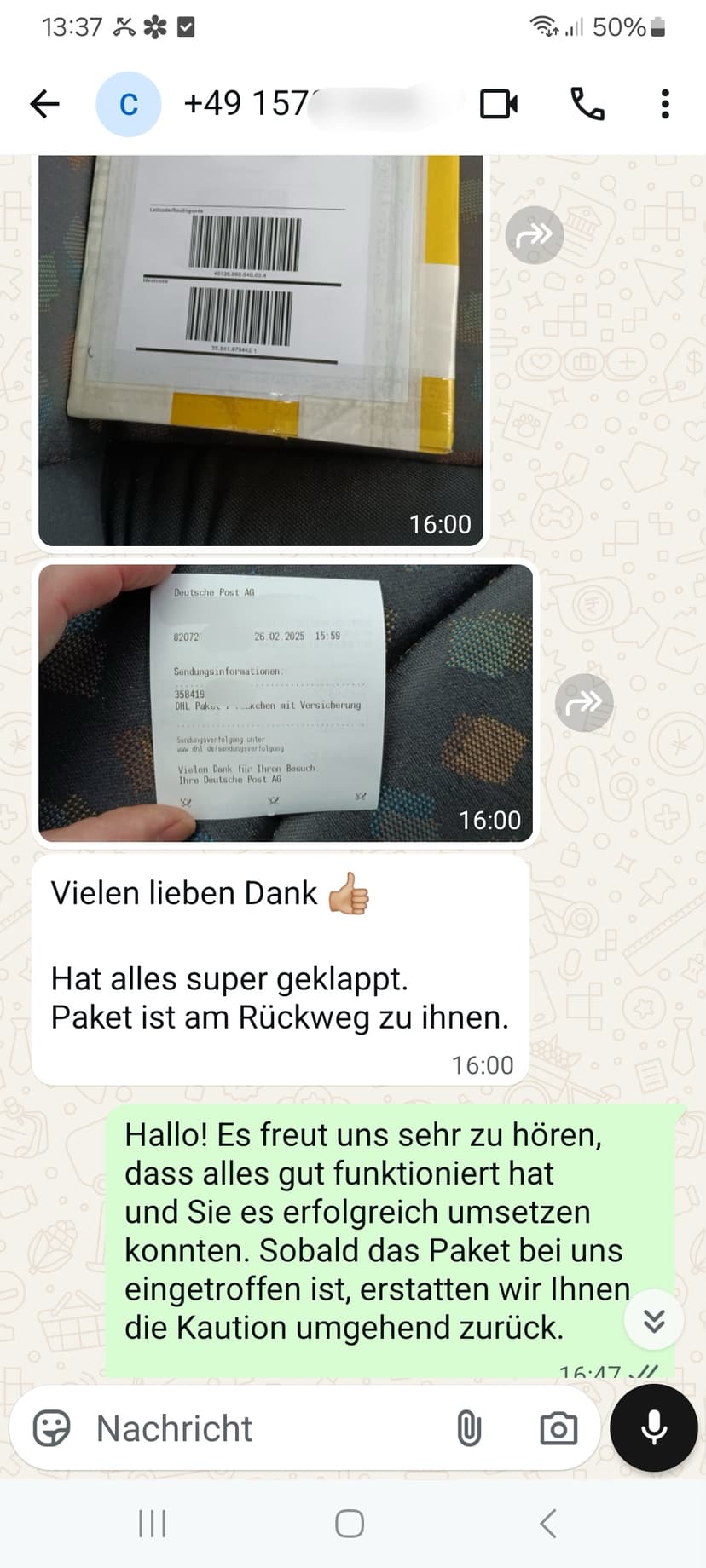 WhatsApp-Feedback Kundenstimme 50 — echte, unbearbeitete Nachricht
