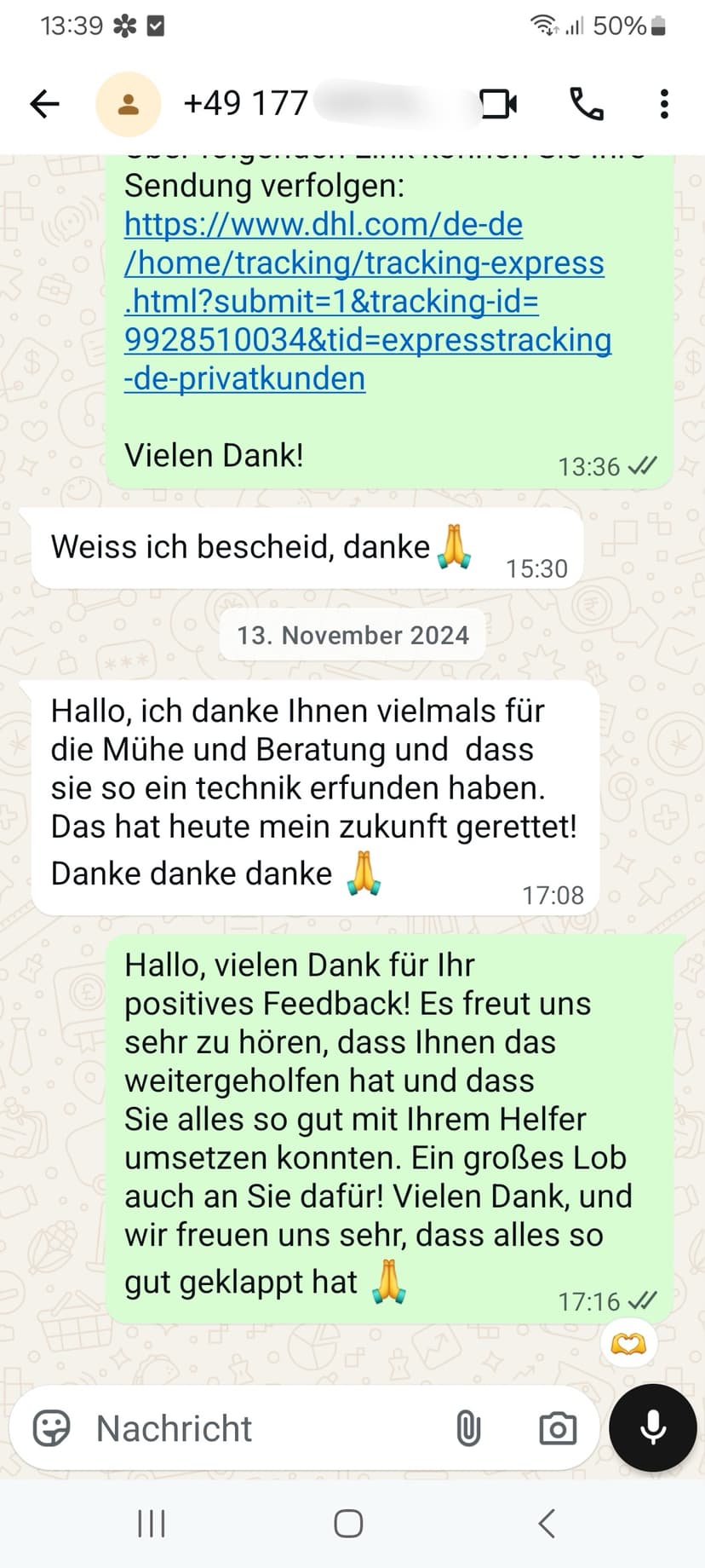 WhatsApp-Feedback Kundenstimme 52 — echte, unbearbeitete Nachricht