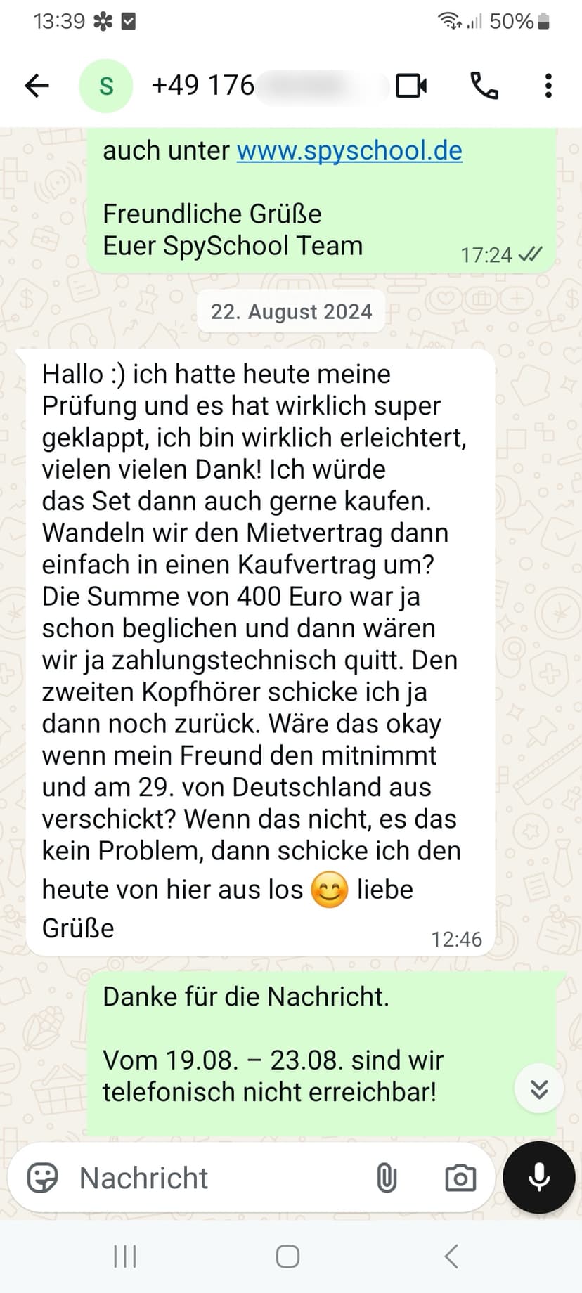 WhatsApp-Feedback Kundenstimme 53 — echte, unbearbeitete Nachricht