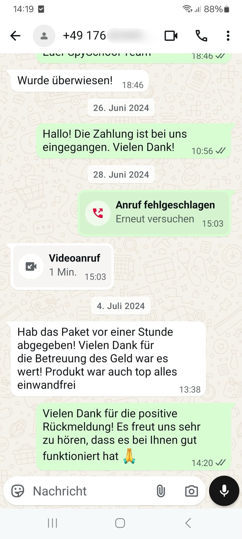 WhatsApp-Feedback Kundenstimme 63 — echte, unbearbeitete Nachricht