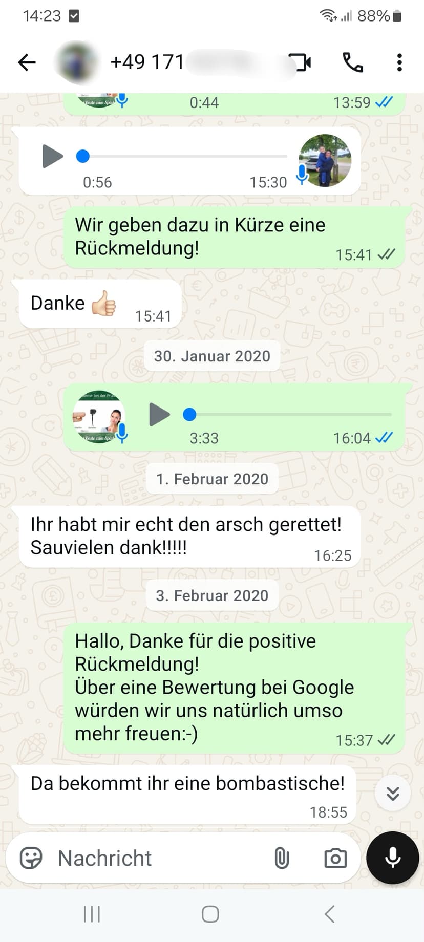 WhatsApp-Feedback Kundenstimme 65 — echte, unbearbeitete Nachricht