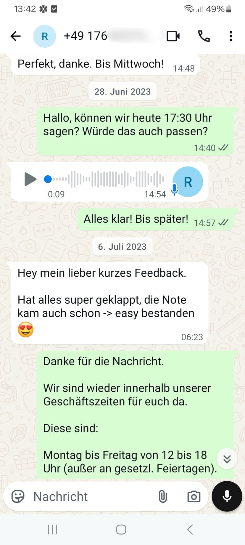 WhatsApp-Feedback Kundenstimme 70 — echte, unbearbeitete Nachricht