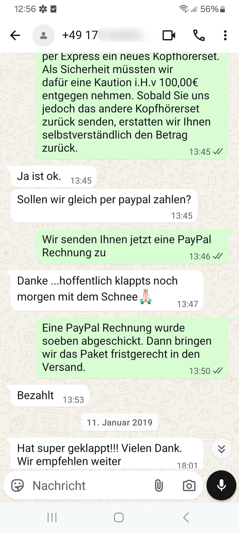 WhatsApp-Feedback Kundenstimme 72 — echte, unbearbeitete Nachricht