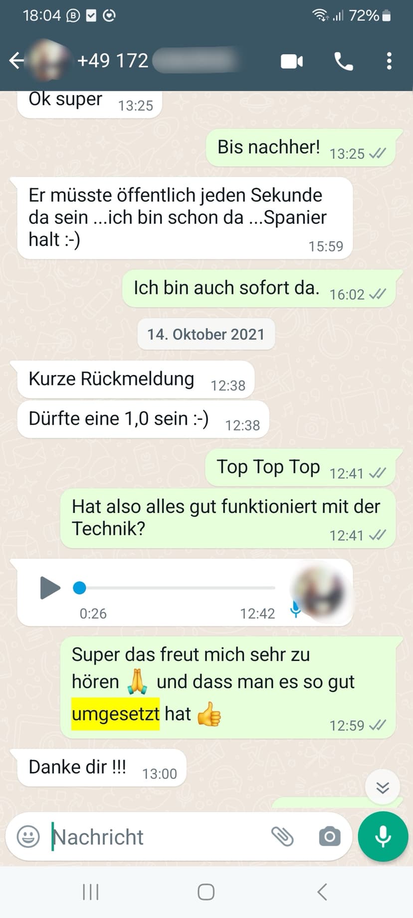 WhatsApp-Feedback Kundenstimme 73 — echte, unbearbeitete Nachricht